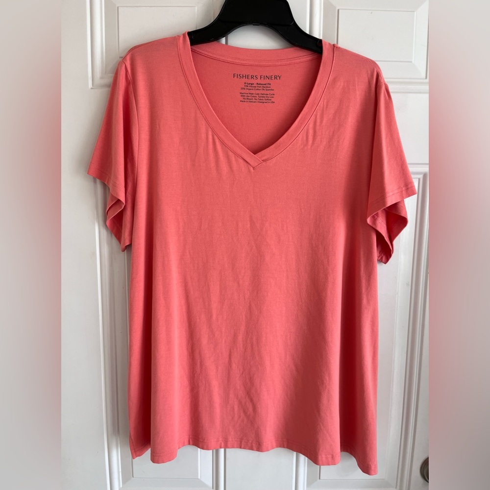 Fishers Finery Women's XL Relaxed‎ Fit Eco Fabric V-Neck Tee Shirt Coral Pink
